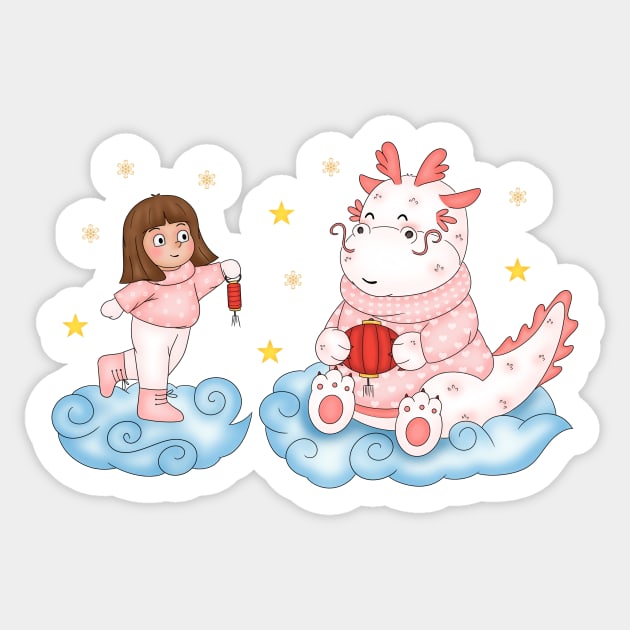 Girl brings lantern for cute dragon Sticker by Athikan